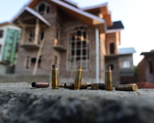 SRINAGAR, INDIA - MAY 27: Bullet cartridges outside the encounter site (under construction house)  where two LeT terrorists were shot dead in the Soura area on May 27, 2022 in Srinagar, India.  (Photo by Waseem Andrabi/Hindustan Times via Getty Images)